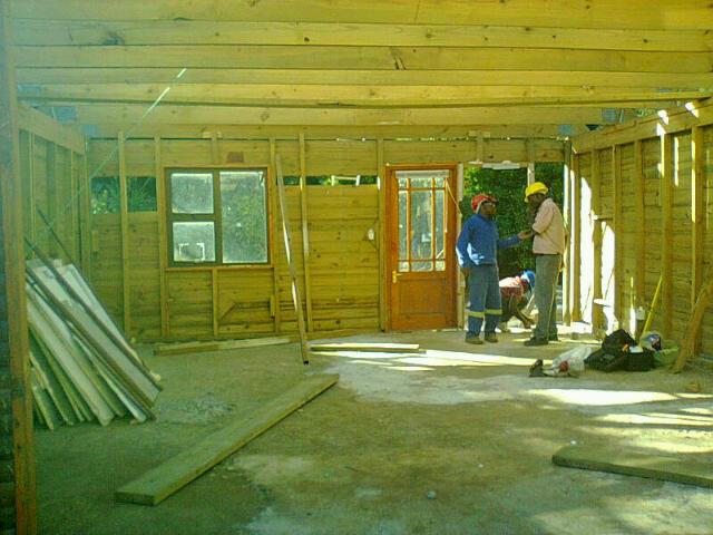 Inside a large wendy house under contruction